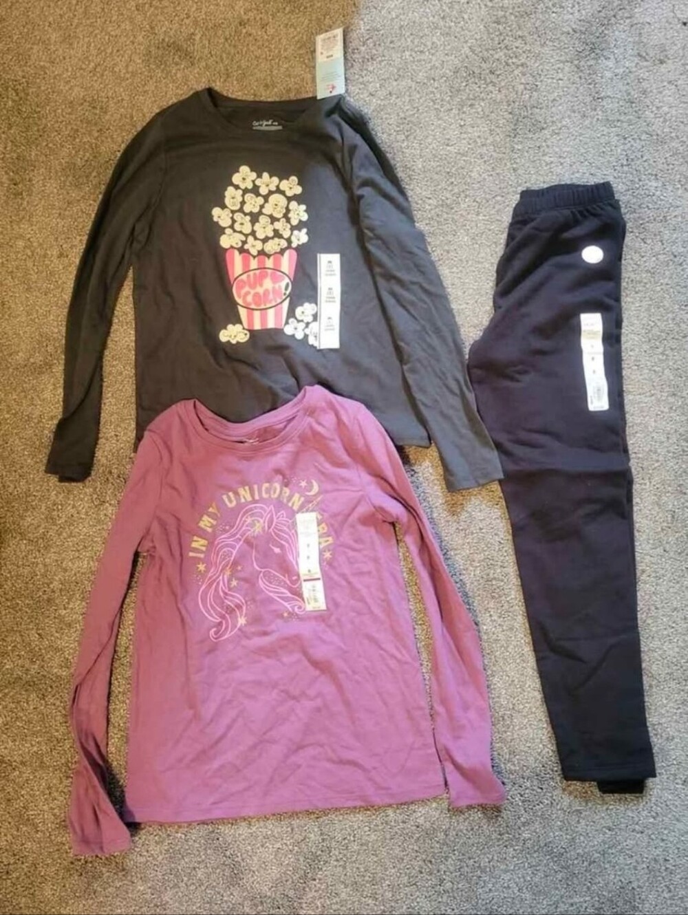 Girls Long Sleeve Graphic Tops + Black Fleece-lined Leggings, Size 8